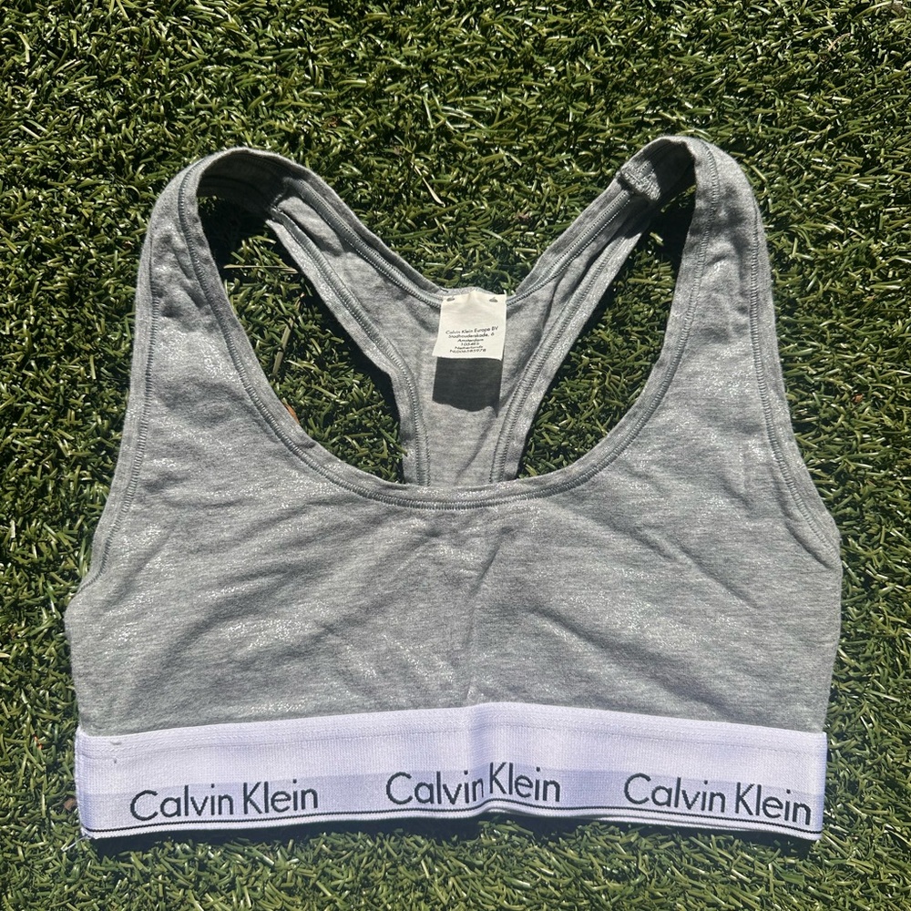 Calvin Klein Metallic Gray Racerback Bralette with Logo Band